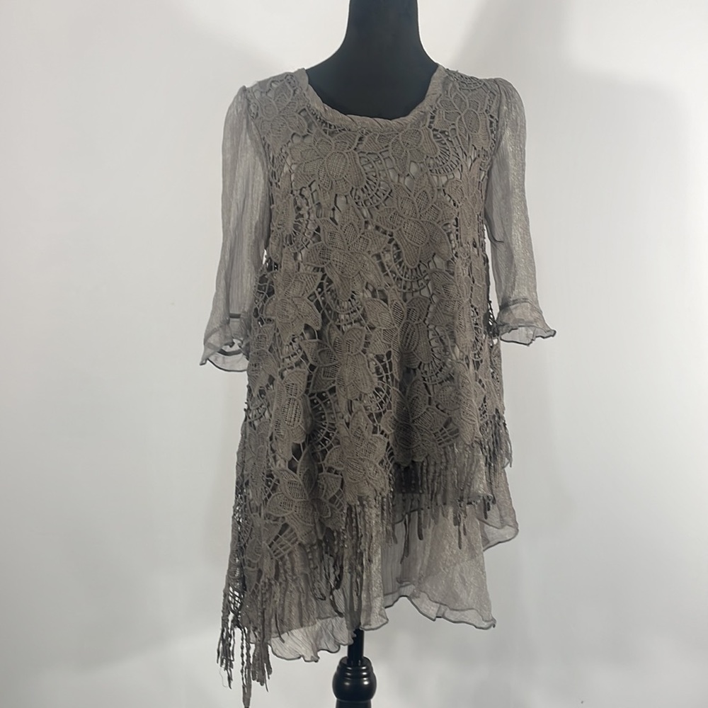 Pretty Angel Baby Doll Dress, Tunic, Lace, Floral,sheer,Fringe,Gray,Small